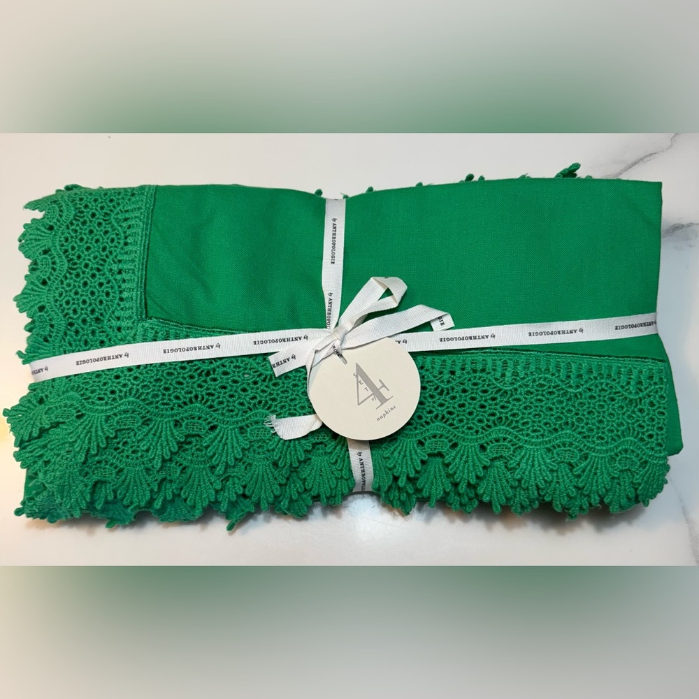 Anthropologie Marietta Green Lace Trimmed Napkins 18”x18” Pack Of 4 NWT